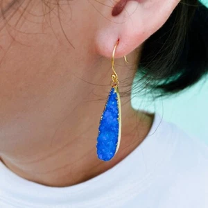 Natural Blue Druzy Raw Dangle Earrings Bohemian Earring Drusy Jewelry - Imagen 1 de 6