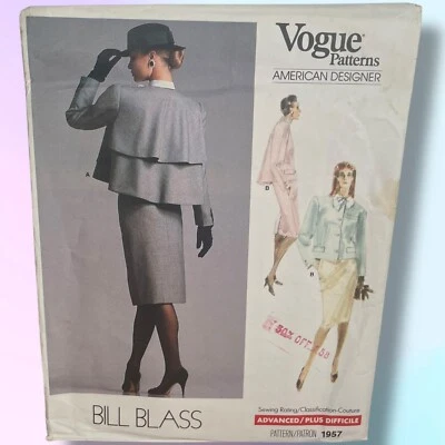 VTG UNCUT Vogue Bill Blass Flared Back Jacket Straight Skirt Pattern #1957 Sz 12 - Image 1 of 4