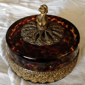 German Art Glass 1920's Faux Tortoise Shell Glass Powder, Trinket Dish, Gilded - Picture 1 of 8