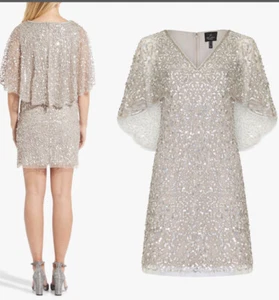 $249 Adrianna Papell V-Neck Cape Sleeve Sequin Short Dress 0 - Picture 1 of 8