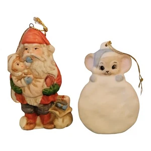 2 adornos vintage de cerámica pintados a mano para árbol de Navidad Papá Noel y ratón  - Imagen 1 de 4