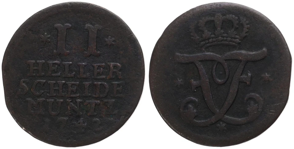 Old German States - Hesse-Kassel 2 Heller 1742 - Copper, 2g, Ø 23mm Km#412 - Image 1 of 1