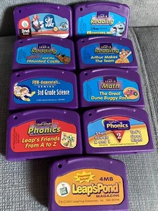 9 LeapFrog Game Cartridges Scooby Doo, Monsters Inc, Dr. Suess, Phonics + Purple - Picture 1 of 4
