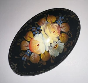 Schöne handbemalte und lackierte Vintage russische Holz glatte ovale Brosche - Bild 1 von 3