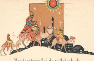 Vintage ART DECO Christmas Card One Sided 1920-30s Wise Men Camels Star Over Cit - Picture 1 of 3