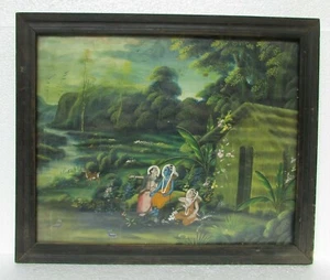 Vintage Old Hand Painting Vanvas God Ram Lakshman Sita And antelope With Framed - Imagen 1 de 8
