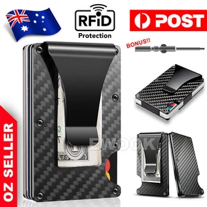 Men Slim Carbon Fiber Credit Card Holder RFID Blocking Metal Wallet Money Clip - Picture 1 of 11