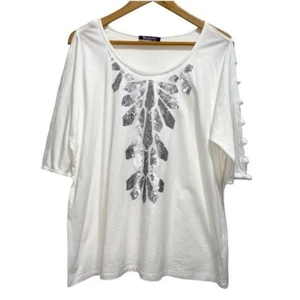 Roaman’s Women’s 14/16 White Silver Sequins Short Sleeve Relaxed Fit Top Blouse - Picture 1 of 12