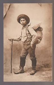 Alaska c1910 INDIAN PACKER Backpack Cane GUIDE Indians STUDIO SHOT Inuit Eskimo? - Picture 1 of 3