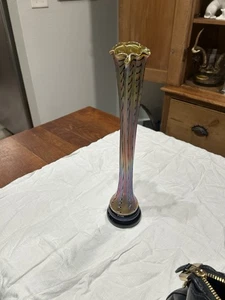 Carnival Glass Ruffle Vase Iridescent over Amber Glass / Black Base 15 “ tall - Picture 1 of 6