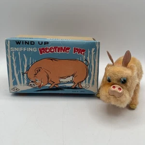 1960s Rooting Pig Wind Up Tin Toy T.N. Japan With Box Vintage Mechanical Works - Picture 1 of 12