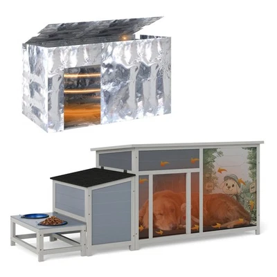 Perrera aislada de madera para perros al aire libre con techo impermeable, soporte para cuencos Foto 1 de 4