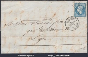 FRANCE N°22 SUR LETTRE AMBULANT ML2° + CAD MARSEILLE A LYON DU 07/05/1867 - Picture 1 of 2