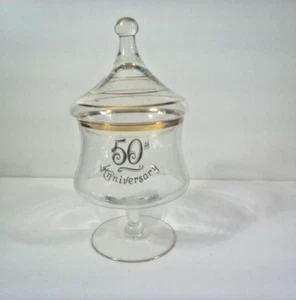 50th Anniversary Klarglas Bonboniere mit Deckel Goldrand Standfuß Stiel - Bild 1 von 8