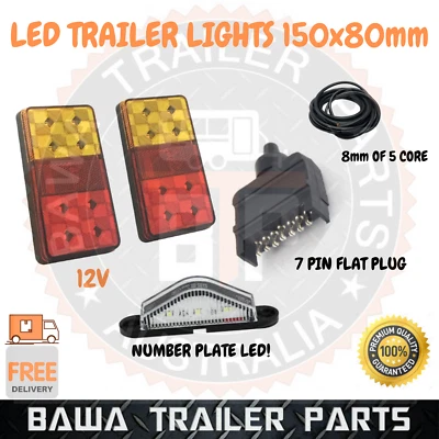 LED TRAILER LIGHT KIT 7 PIN FLAT PLUG LED NO. PLATE 5 CORE CABLE TRAILER BOAT - image 1 of 4
