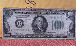 1934 A $100 HUNDRED DOLLAR BILL FEDERAL RESERVE NOTE NEW YORK B NICE US CURRENCY - Picture 1 of 4