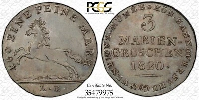 1820 LB Hannover Germany 3 Mariengroschen PCGS MS64+ Plus Top Pop 1/0 Finer 2610 - Image 1 of 4