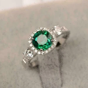2.20Ct Lab-Created Green Emerald & Diamond Engagement Ring 14K White Gold Finish - Picture 1 of 5