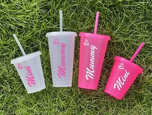 Personalised x2 Mini & Mummy Cold Cups Lid & Straw, Name, Gift - Picture 1 of 3