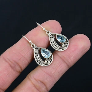 Pendientes de plata esterlina 925 lisa de topacio azul joyería regalo 1,16" E-132 - Imagen 1 de 4