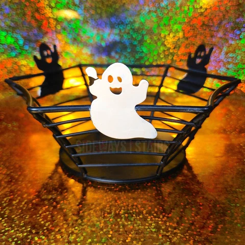 WIRE SPIDER WEB BASKET W/ GHOSTS 6" Halloween candy dish metal small cute goth Cover