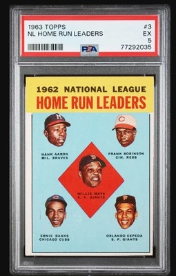 1963 Topps HR Leaders Hank Aaron Willie Mays Frank Robinson Ernie Banks PSA 5 EX - Image 1 of 2
