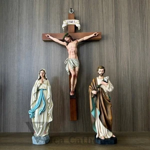 Set statue cattoliche dipinte a mano 13,8" - Crocifisso esus, Vergine Maria e San Giuseppe - Foto 1 di 7