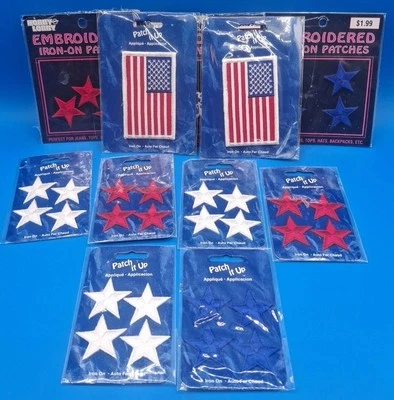 Lot Of 11 Iron-on EMBROIDERED PATCHES USA-Stars-Flags Red White Blue New Sealed  - Image 1 of 4