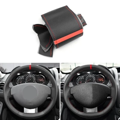 DIY For Dacia/Renault Lodgy Logan 2012-16 Black+Red Steering Wheel Leather Cover - Image 1 of 4