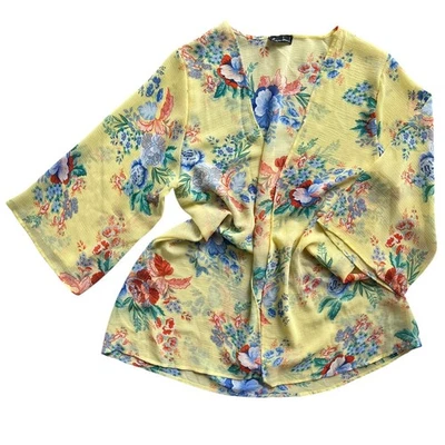 Racheal Women's M Yellow Blue Floral 3/4 Sleeve Open Kimono Lightweight Bohemian - Image 1 of 4