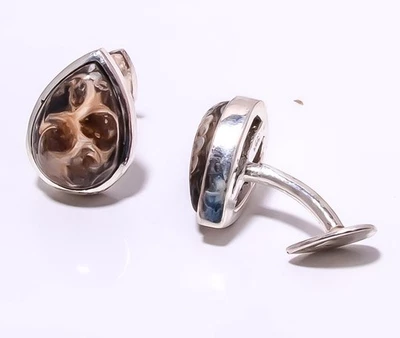 Abotoadura masculina prata esterlina 925 pedra preciosa ágata fóssil Turritella T79 - Imagem 1 de 4