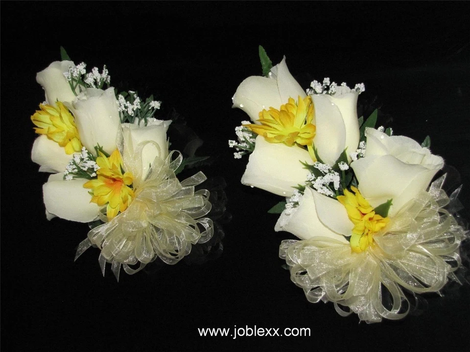 2 SILK IVORY ROSES with YELLOW CORSAGE for the BIG day - Image 1 of 1