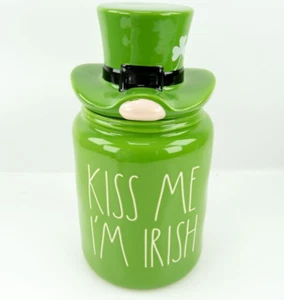 Rae Dunn "KISS ME IM IRISH" Leprechaun Green Large Canister Cookie Jar New - Picture 1 of 7