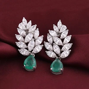 11.5 Ct Pear Cut Lab-Created Emerald 925 Silver Leaf Shape Dangle Drop Earrings - Picture 1 of 10