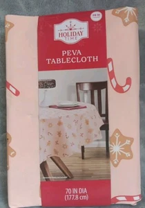 Peva Tablecloth 70" Diameter Pink Candy Canes Gingerbread Trees Christmas Round  - Picture 1 of 5