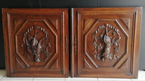 25" Pair French Antique Architectural Hunting Bird Gothic Panel Door Solid Oak Cover