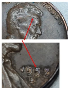 1957D Wheat Penny Retained Interior Die Break and Small Die Chip ERRORS - Picture 1 of 6