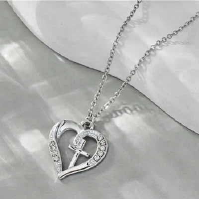 Cristal CRUZ AMOR CORAZÓN FE Colgante PLATA 925 18" Collar Mujer Foto 1 de 4