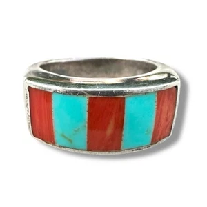 Vintage Sterling Silver Turquoise Spiny Inlay Ring Striped Band 925 Unisex SE 9 - Picture 1 of 6