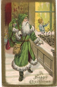 Christmas Santa In Green Robe Spies Child In Window Gilded 1910 - Picture 1 of 2