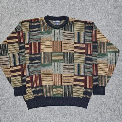 Vintage 90s Van Heusen Patchwork Checkered BOXY Dad Sweater Mens Large Knit  - Image 1 of 4