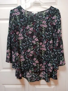 Spense Woman Shirt Top 1X Blck W Pink Blue Red Floral Print Pullover Bell 3/4 Sl - Picture 1 of 6