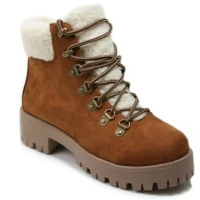 Catherine Malandrino Kammie Faux Fur Cuff Lace-Up Boots, Brown/Cognac Sz 7.5 New - Image 1 of 4