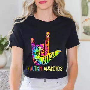 Be Kind ASL Love Sign Language Hand Autism Awareness Tie Dye Unisex T-Shirt - Picture 1 of 23