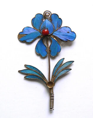 Старинная ВИНТАЖНАЯ синяя заколка для волос зимородка династии Цин 點翠 коралл - Изображение 1 из 2