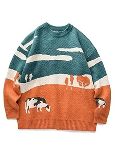 Mens Vintage Sweater Grandpa y2k Oversized Casual Cable Knit Medium Orange - Picture 1 of 7