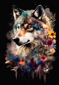 Leinwandbild bunte Blumen Wolf Wandbild Poster Druck - Bild 1 von 22