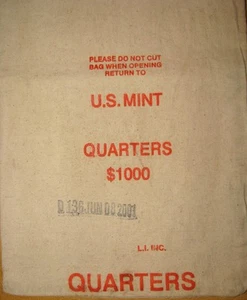 Bolsa de lona vacía de Estados Unidos como nueva $1000 cuartos - 8 de junio de 2001 - L I Inc. 10,5" x 18,5" - Imagen 1 de 5