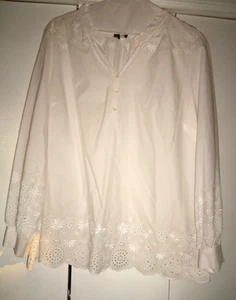 Talbots 1X Top Shirt Women White Eyelet Lace Long Sleeve V-Neck Casual EUC - Picture 1 of 8
