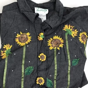 Camisa Quacker Factory Cambray L Bordada Girasoles Flor Botones Cubiertas - Imagen 1 de 6
